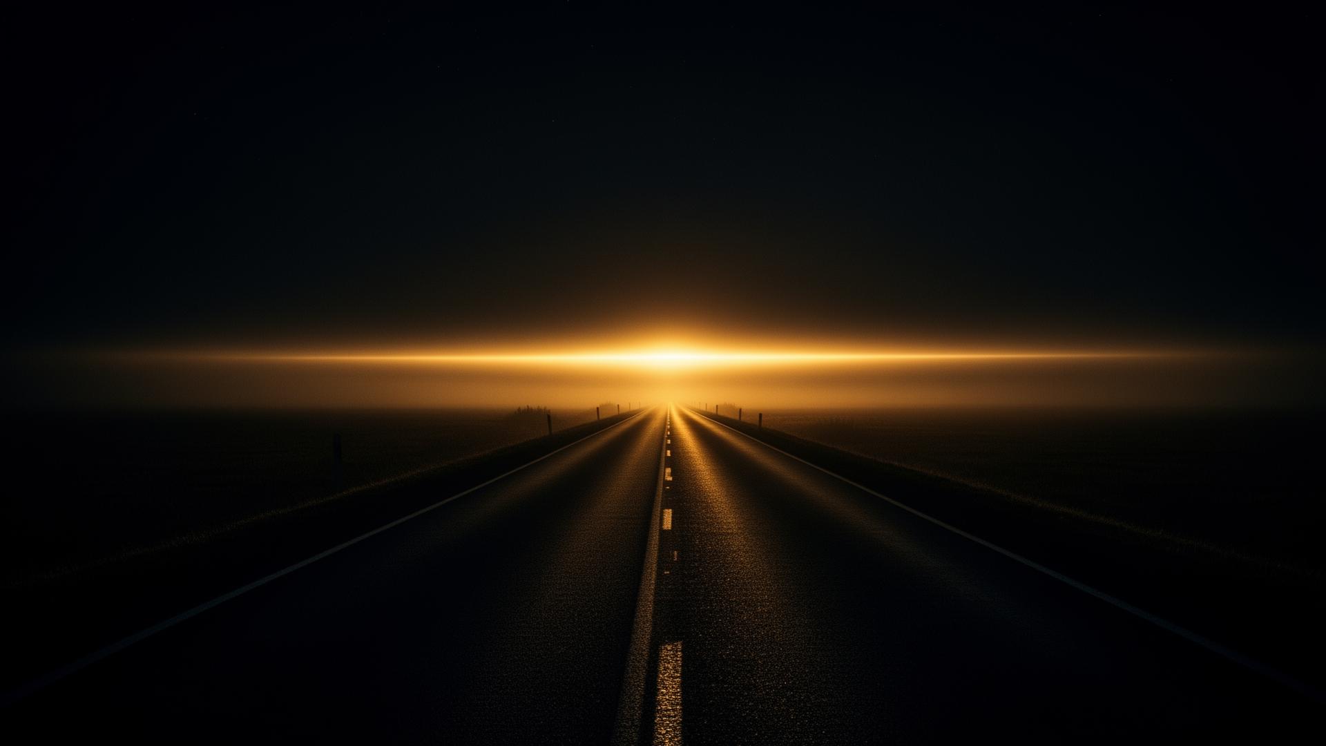 Estrada escura com luz dourada no horizonte